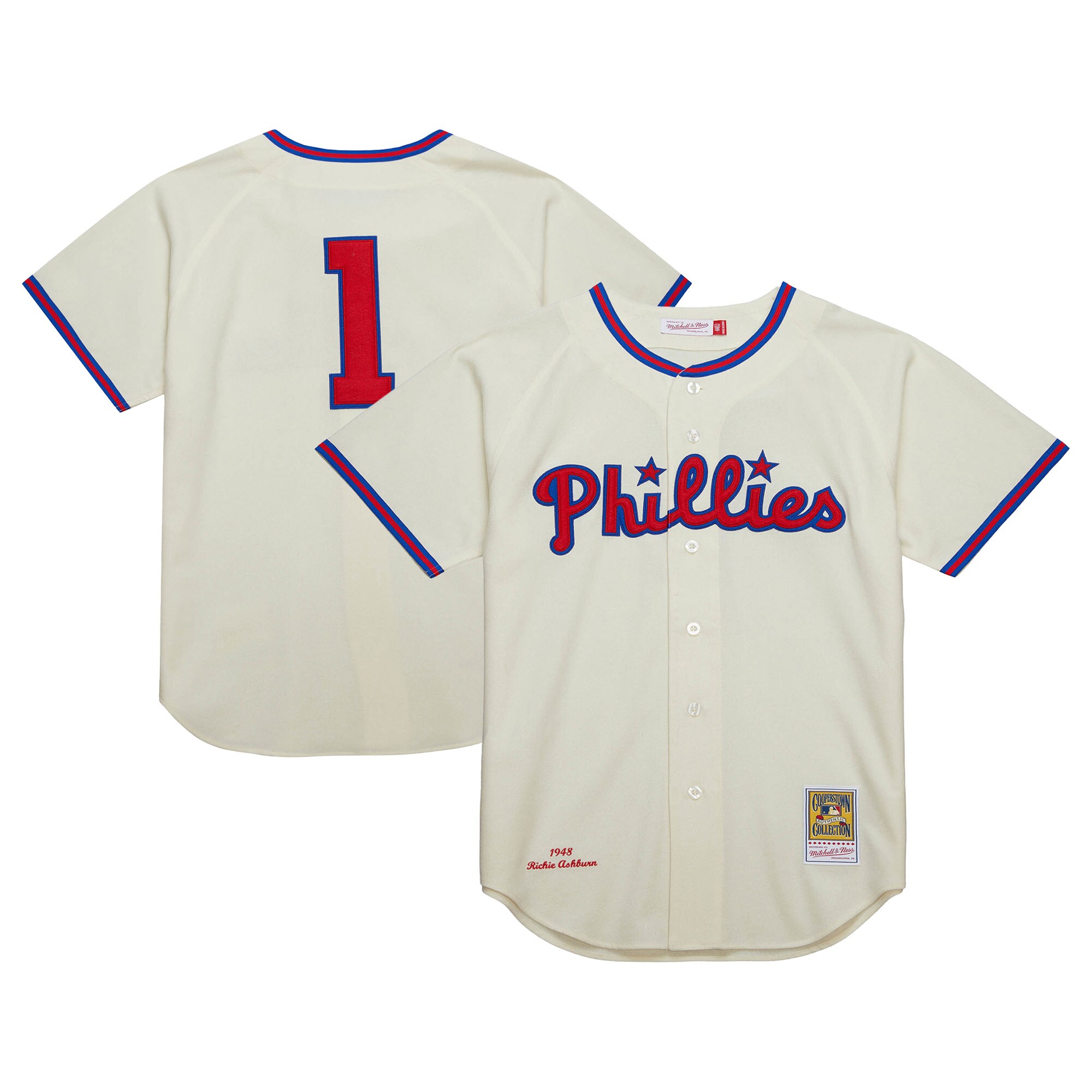Philadelphia Phillies mens philadelphia phillies richie ashburn mitchell  ness cream cooperstown collection 1948 authentic jersey Collection - Exclusive Jerseys, Caps, and Hats